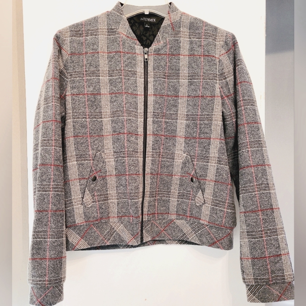 Intermix Kiara Plaid Jacket Blazer Wool Quilted Lining Size Large